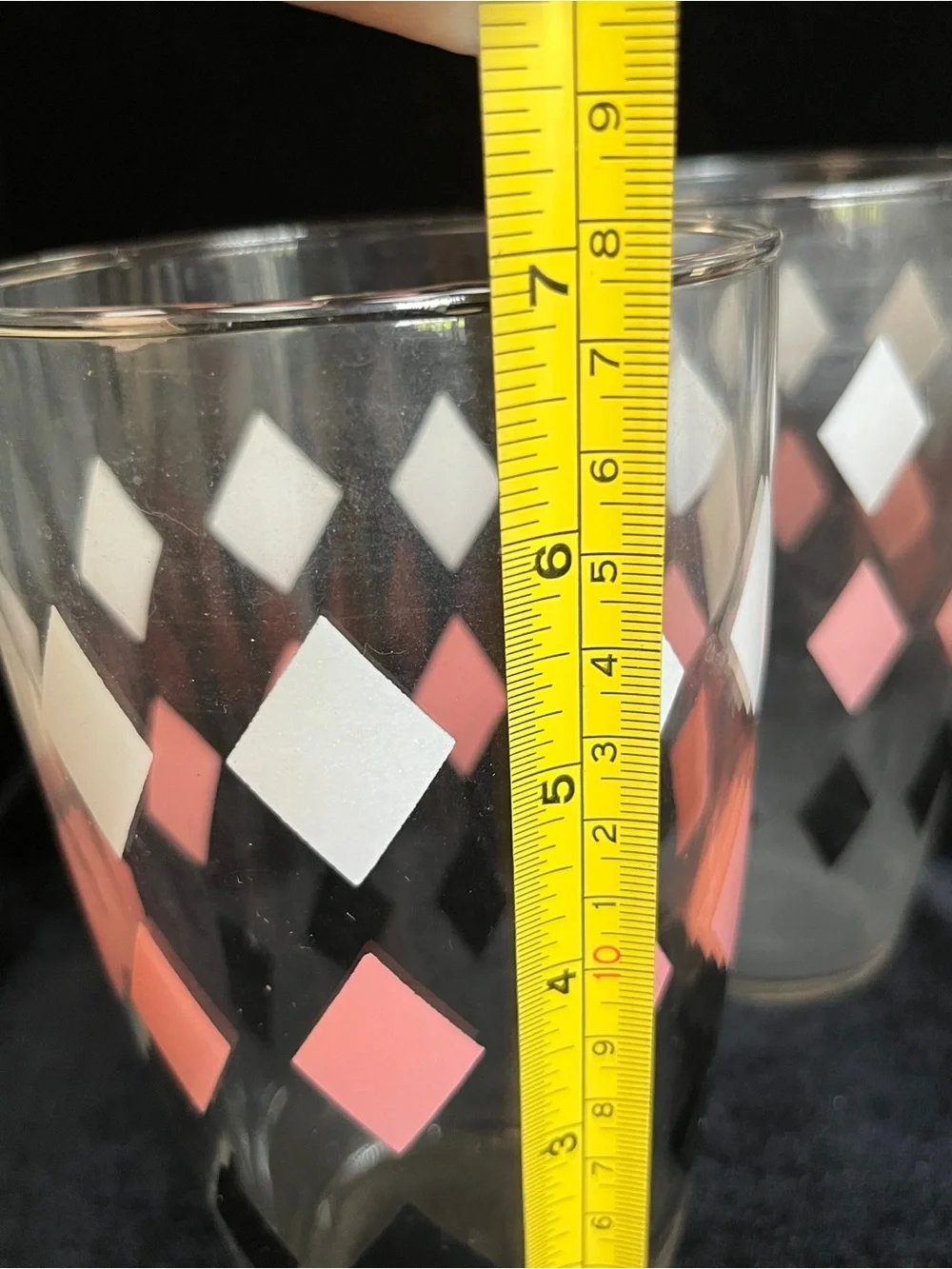 Libbey Glass Harlequin Pink Black White Diamond Pattern Atomic MCM 50s set of 3